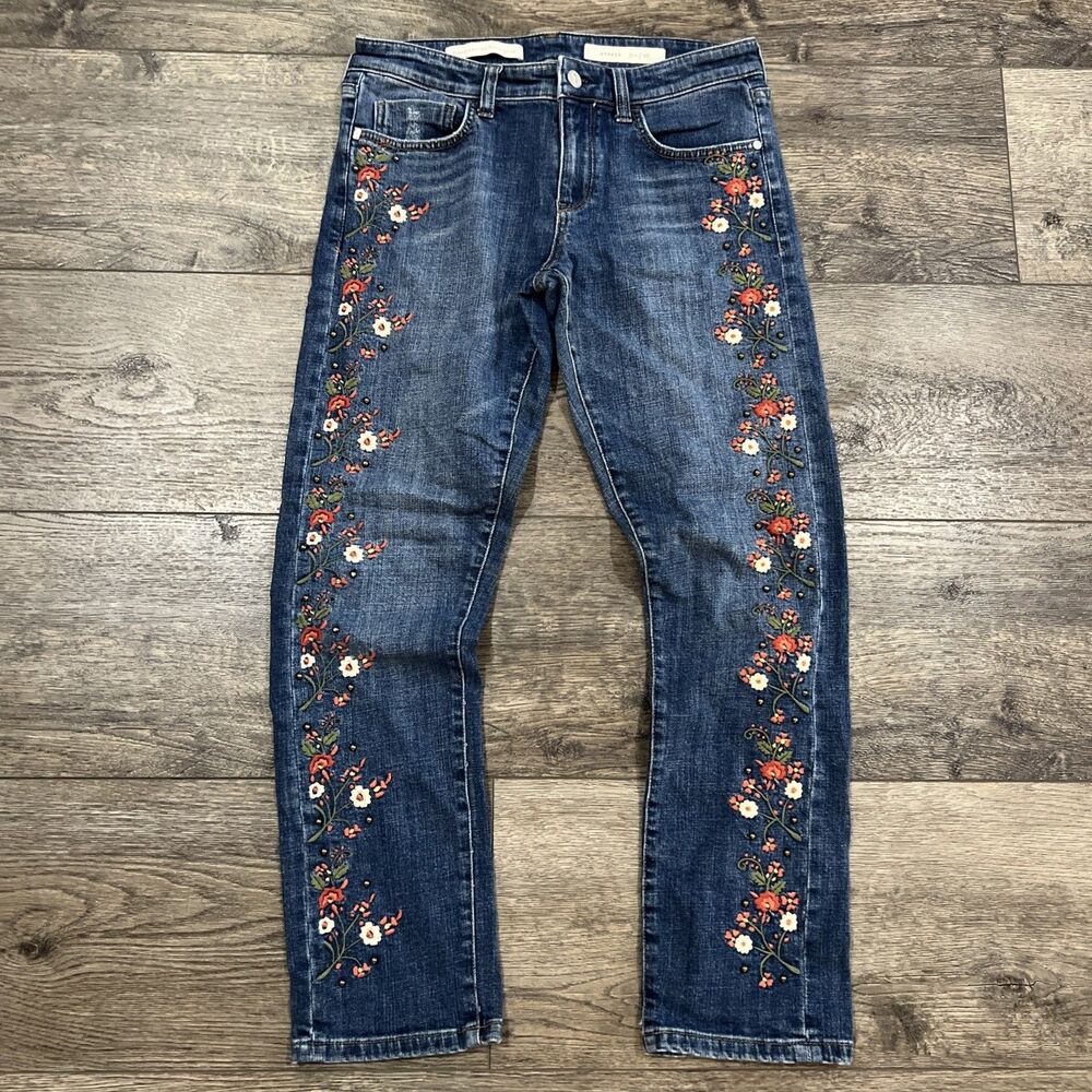 Pilcro Letterpress Womens Hyphen Jeans 27 Blue Floral Embroidered Boho Cottage